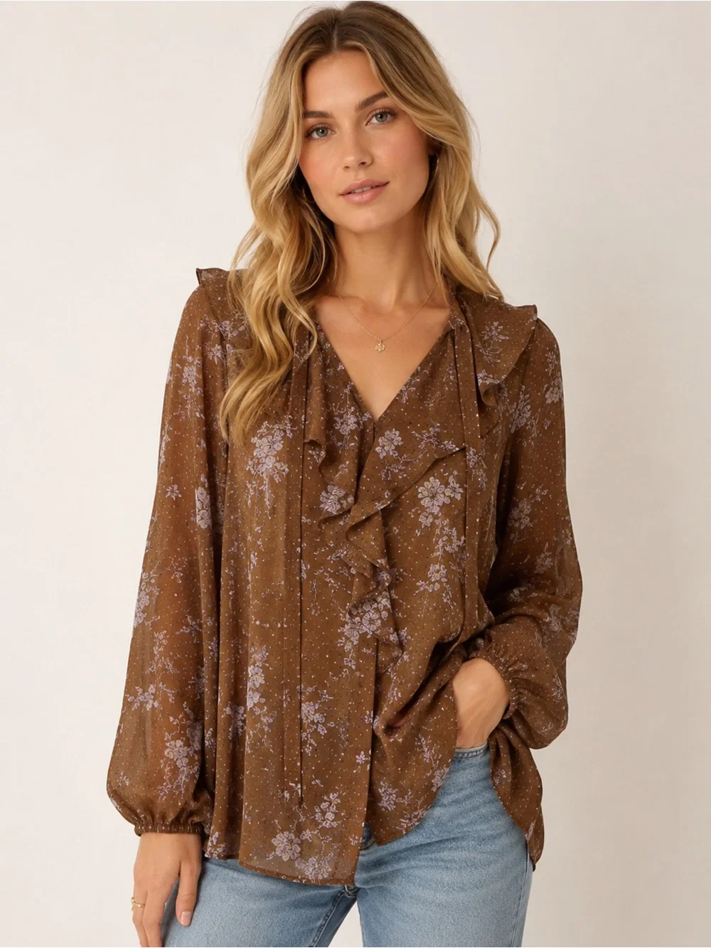 Free People Brown Floral Ruffle Blouse – Size Medium